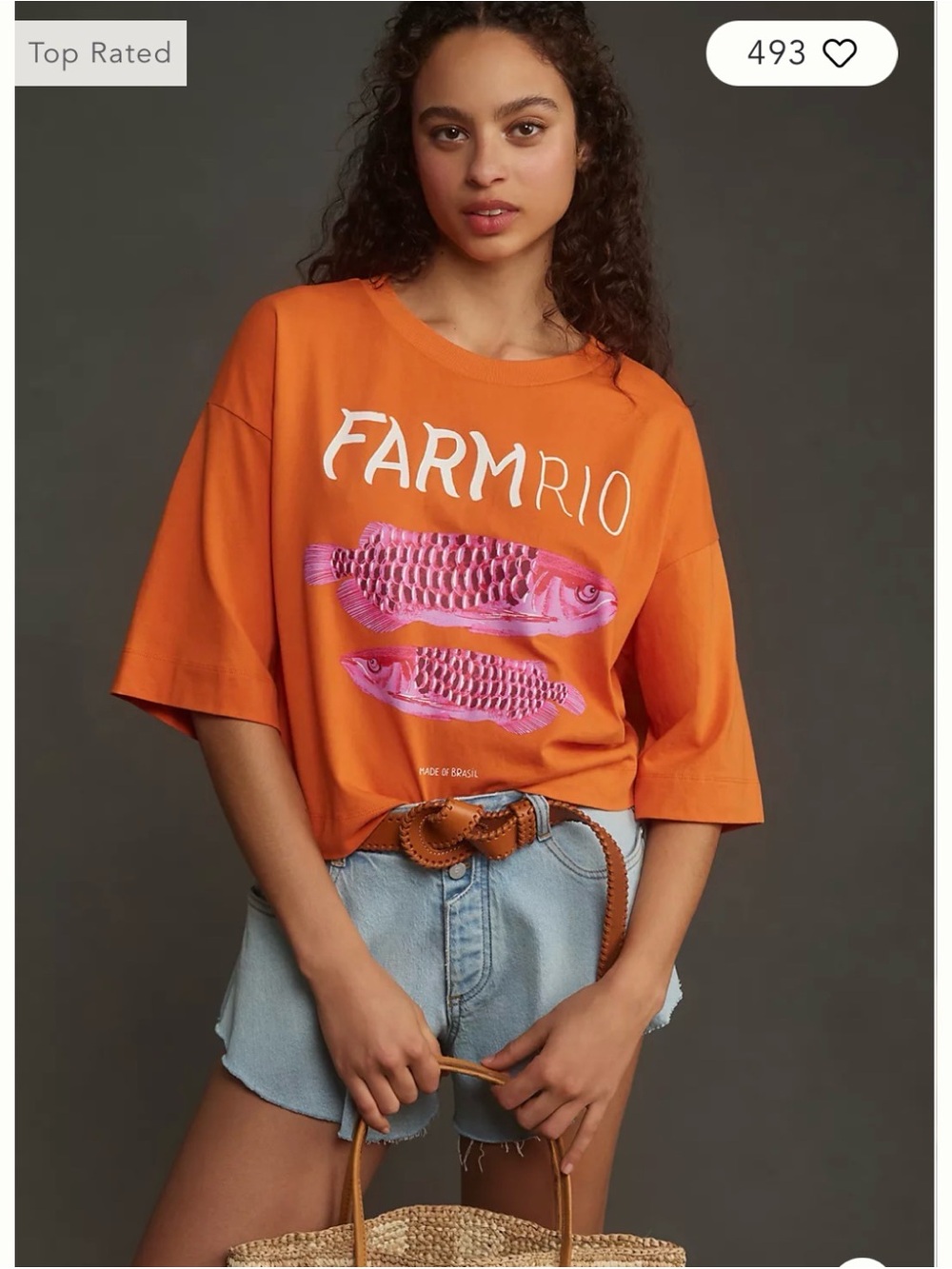 FARM Rio Orange Tee with Pink Fish Graphic Size Large